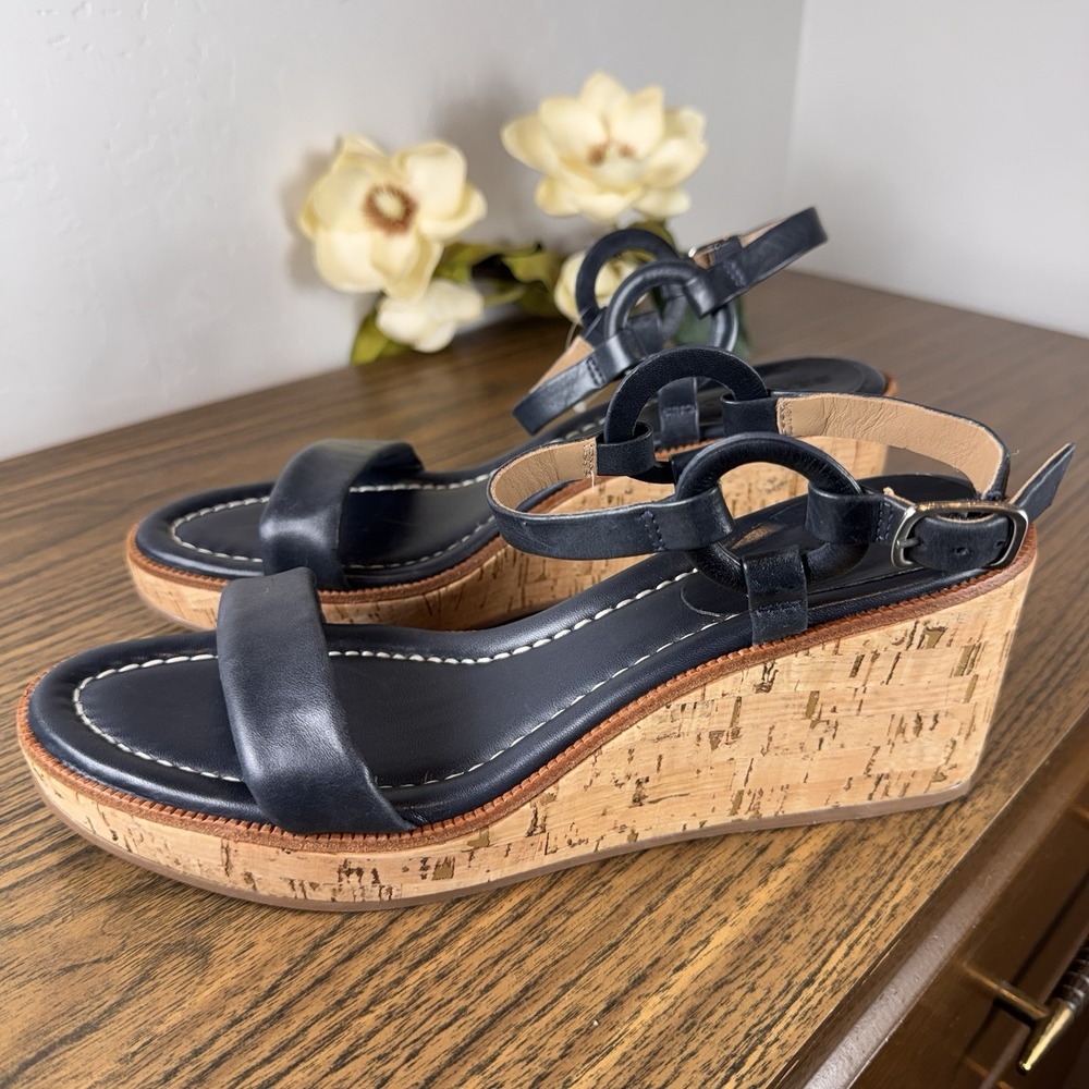 Bernardo Anthropologie Kennedy Wedge Ankle Strap Navy Blue Leather Size 11
